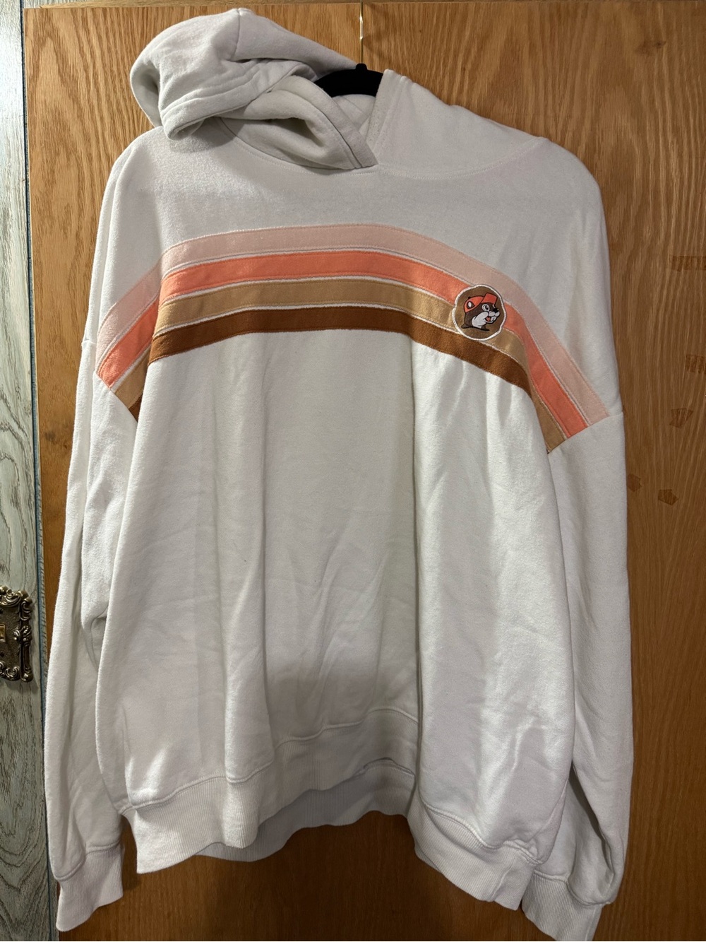 Cream Long Sleeve Hoodie with Pink and Brown Stripe Detail